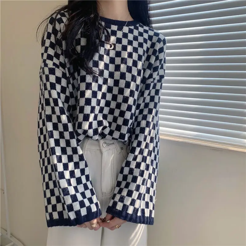 بلوفرات نسائية برقبة دائرية منقوشة بتصميم كلاسيكي كسول للخريف والشتاء رائجة البيع أنيقة وملصقة عصرية للشارع Y2k ريترو فرنسي #5