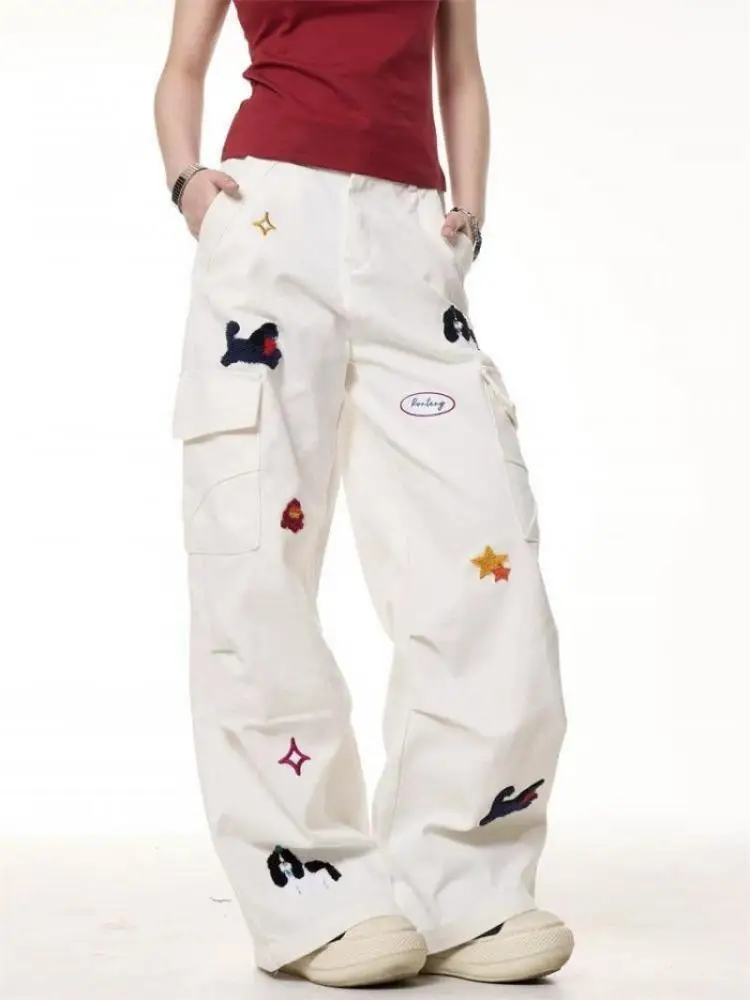 

Trendy Puppy Pants for Women Loose Fit Wide Leg Cargo Pants Retro Multi Pocket Workwear Trousers Summer Casual Streetwear