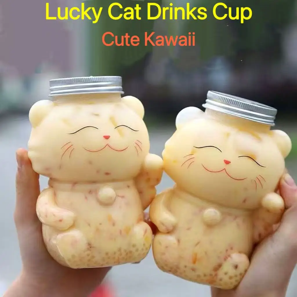 

500ml Cute Lucky Cat Water Bottle Transparent Clear Plastic PET Bubble Tea Juice Drink Cup Kawaii Party Shop Ice Drinks Cups