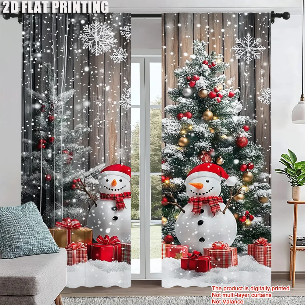

2Pcs Snowman And Christmas Tree Design Rod Pocket Curtains Digital Print Polyester Drapes For Living Room Bedroom Dining Study
