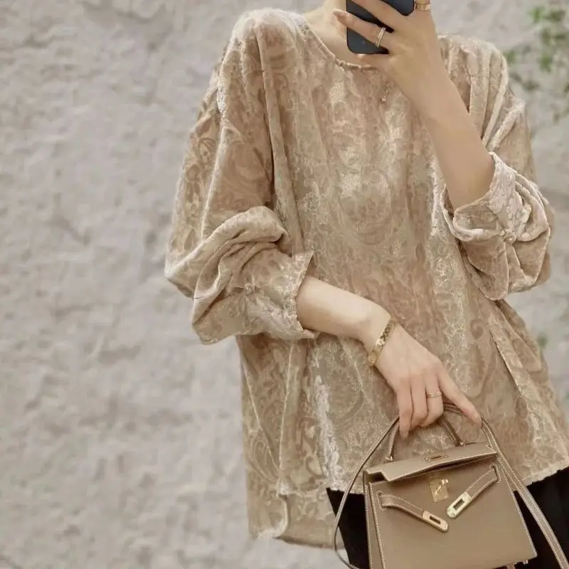 Camicetta Jacquart con o-collo kaki moda coreana donna primavera autunno nuova camicia da donna di fascia alta a maniche lunghe allentata