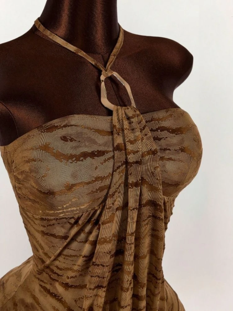 Bodycon mini-jurk met halterhals voor dames - Tijgerprint Ruches Mesh Stof Clubwear Zomerfeestjurk (bruin)