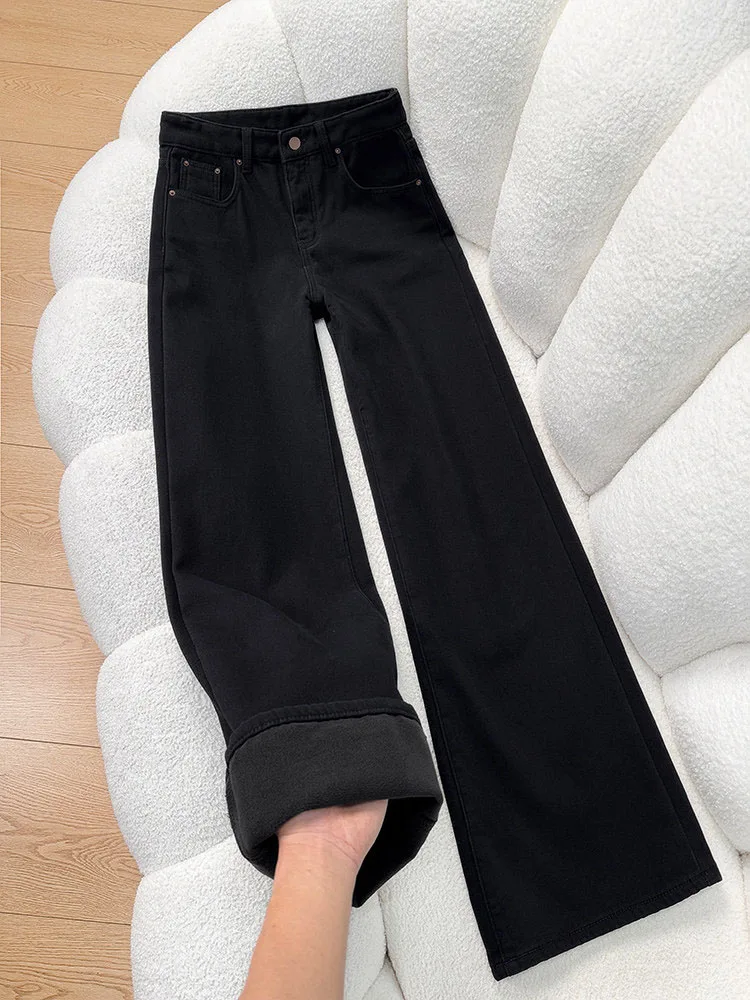 

Джинсы прямого кроя с подкладкой Bla Fce, женские брюки с высокой талией и широкими штанинами, утепленные, осенне-зимние, новые, с эффектом стройности