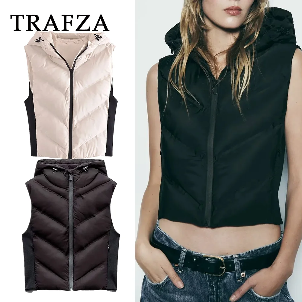 TRAFZA 2023 Women Autumn Casual Hooded Sleeveless Vests Fashion Winter Solid Vintage Zipper Coats Elegant Winter Clothes Women