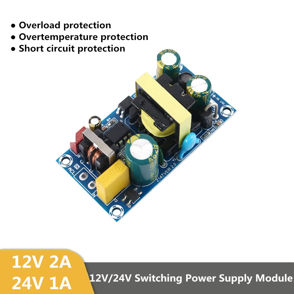 

12V2A/24V1A 24W Switching Power Supply Module AC100-265V to 12V/24V Bare Circuit Board for Repair Short Circuit Protection