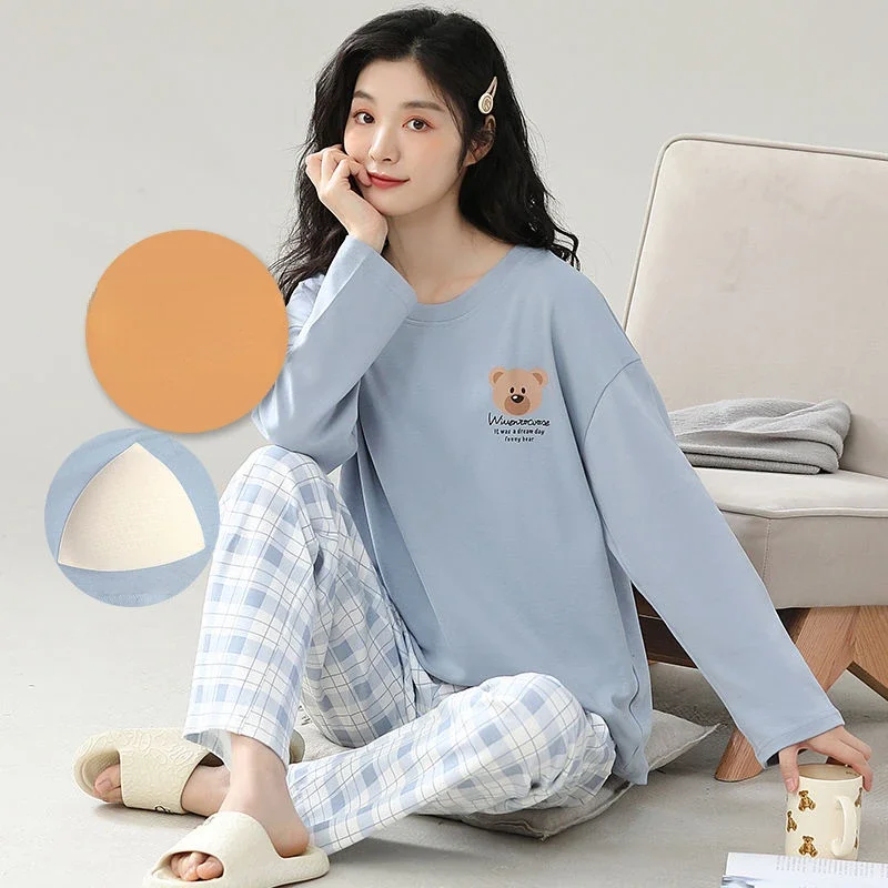 2024 New Cotton Pajamas Women's Set Spring Autumn Winter Sexy Plus Size Homewear Summer Long Sleeved with Chest Pads Sleepwear