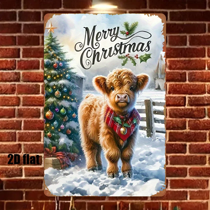 2D Flat, [2D Flat] 1pc Scottish Highland Cow Metal Wall Art - Rustic Plaid & Tartan Collar with Scottish Borders Cattle Design,