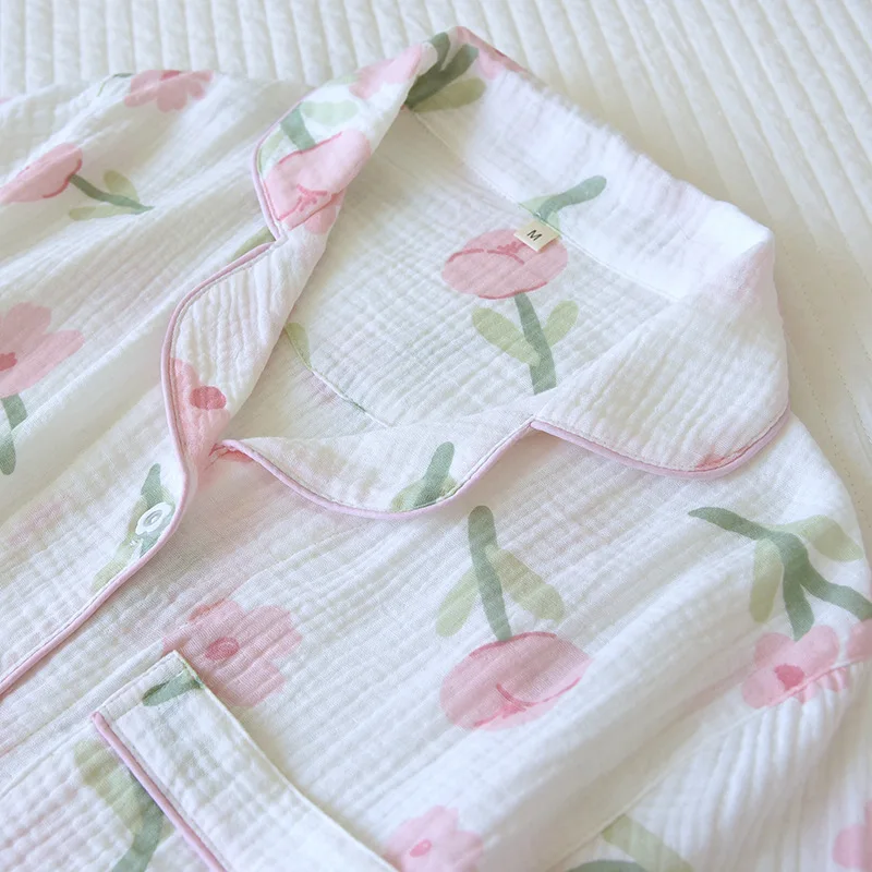 2024 New Summer Women's Pajama Set 100% Cotton Crepe Short Sleeve Shorts Two Piece Ladies Flower Casual Simple Homewear