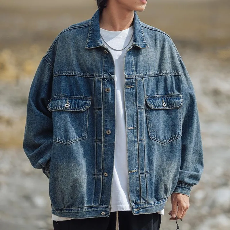 

Retro Washed Denim Jacket Men's Autumn New Loose Fitting Couple Coat Cowboy Outerwear Male Clothing Tops XXL