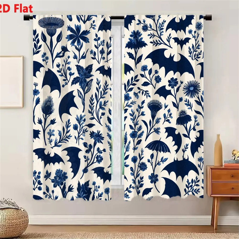 2Pcs Curtains 2D Flat Dark Blue And White Seamless Pattern With Botanical Elements Flowers Leaves Stems Bats Gothic Floral Motif