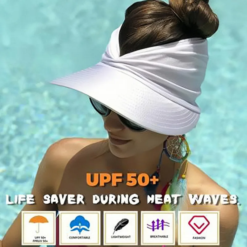 Women Twist Ponytail Sun Visor Wide Brim UV Protection Summer Beach Empty Top Hat Outdoor Travel Foldable Sun Cap
