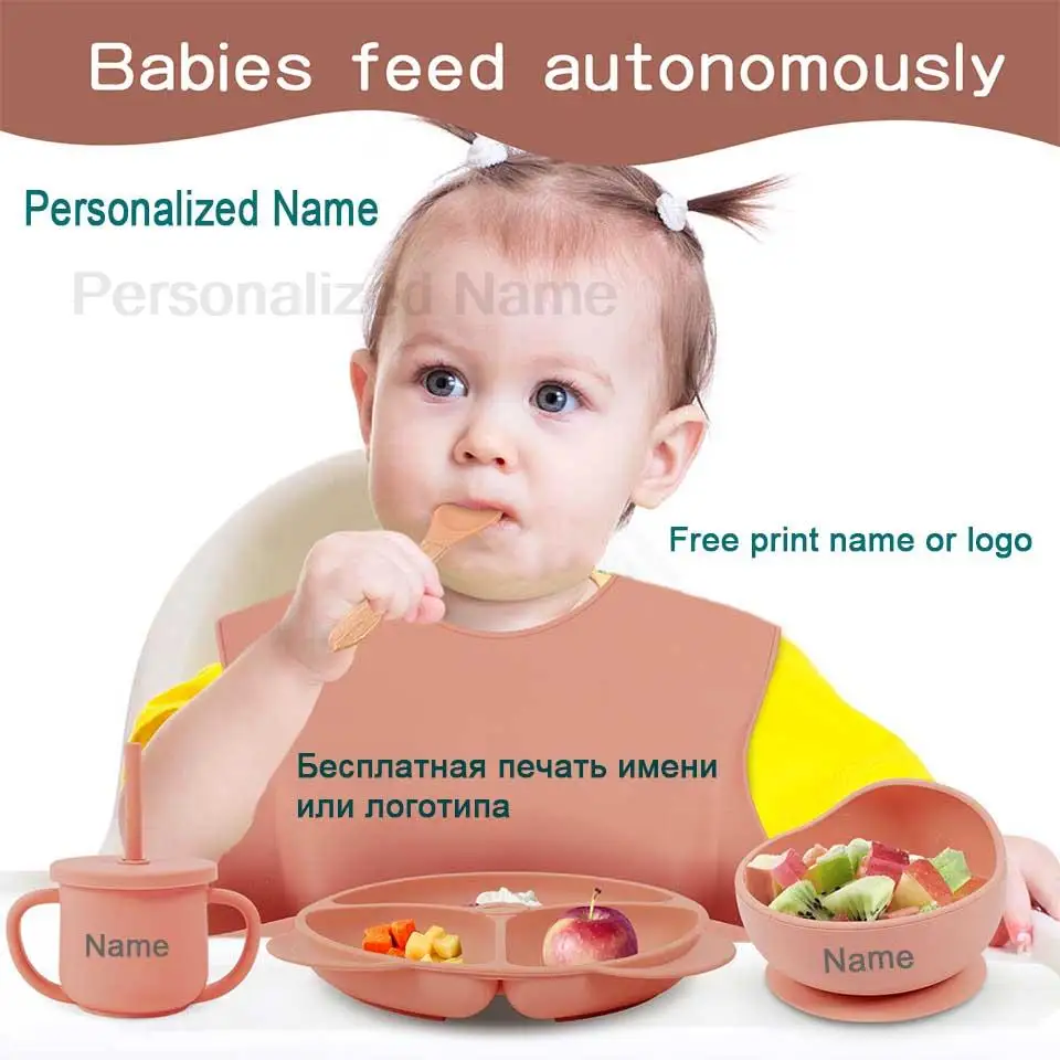 6Pcs Silikon Geschirr Für Kinder Baby Fütterung Sets Sauger Schüssel Esszimmer Platte Löffel Gabel Bib Tasse Personalisierte Name kinder geschenk – Detail 10