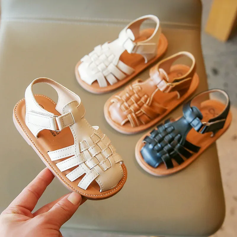 Kids Fashion Girls Sandals 2024 New Vintange Weave Solid Closed Toe Girl\'s Sandals Soft Sole Flats Summer Kids Beach Shoes