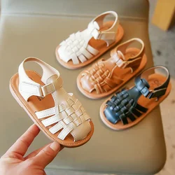 Kids Fashion Girls Sandals 2024 New Vintange Weave Solid Closed Toe Girl's Sandals Soft Sole Flats Summer Kids Beach Shoes