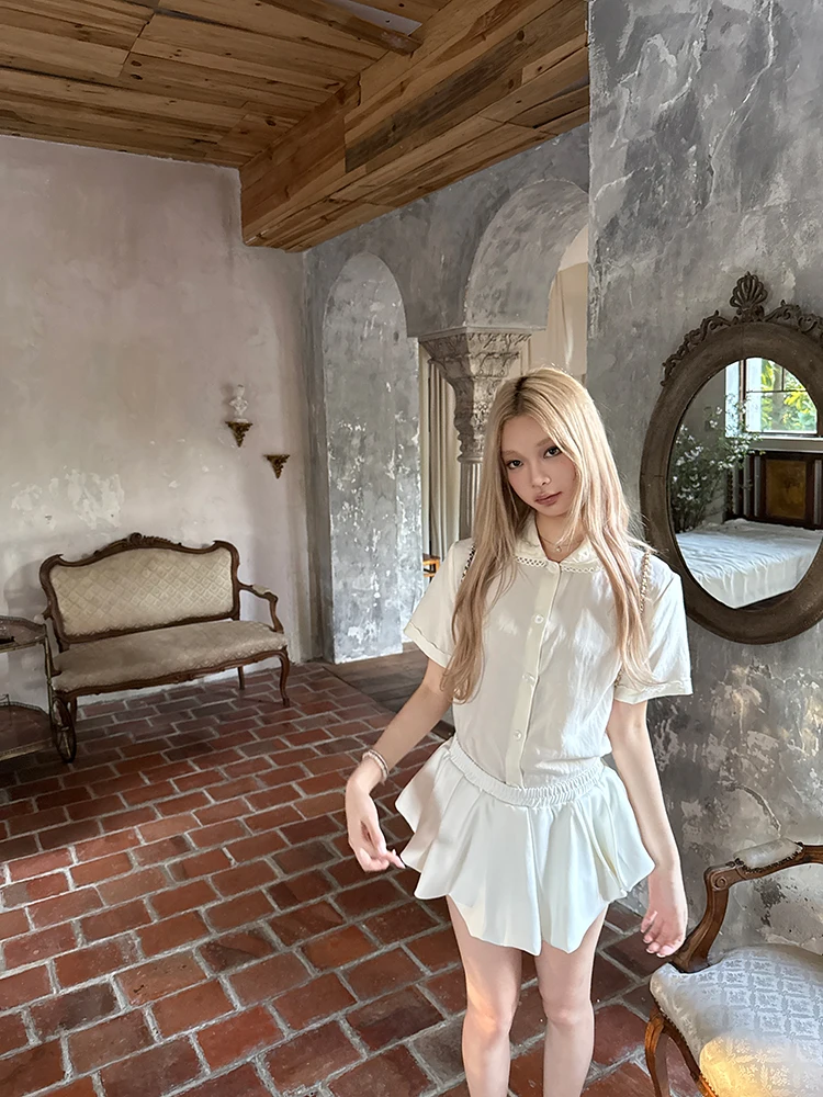 LXLILIUM Französisches, süßes, knuspriges Spitzen-Top für Damen, mit Puppenkragen, aus Leinen, einfarbig, atmungsaktiv, feuchtigkeitsableitend, für den Sommer