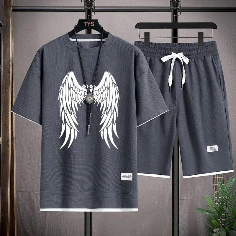 

American High Street ort Sve T-irt Men's Casual Set Summer Trendy Youthful Matching Whole Set Polyester Fabric