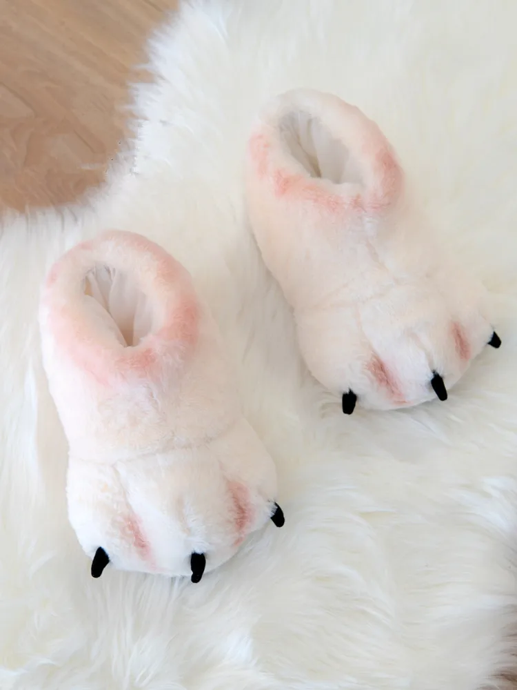 

Cute Plush Bear Claw Cotton Slippers For Women And Men In Winter, Couples With Heels Thick Soles And Funny Home Fur Floor Shoes