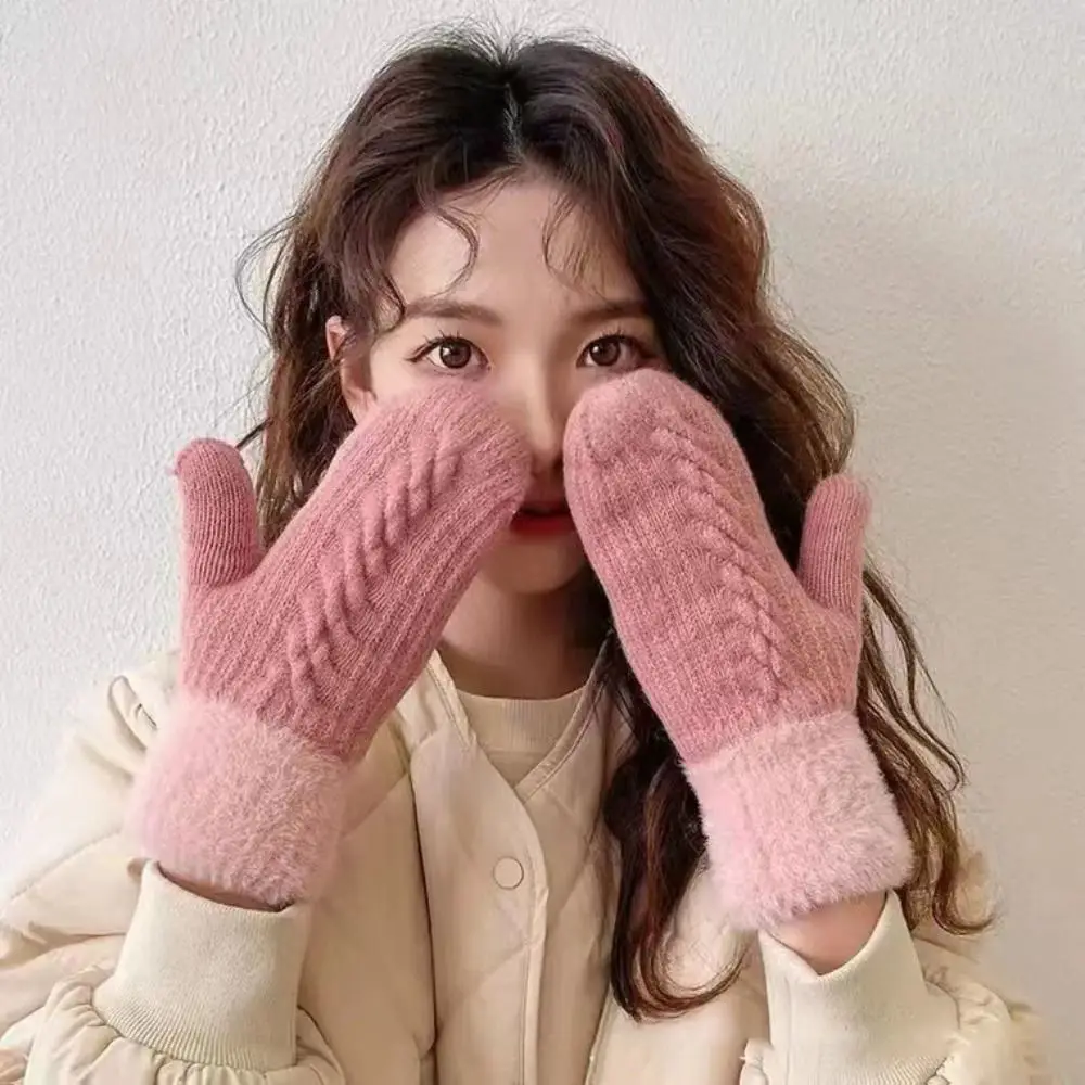 قفازات زهور ملتوية محبوكة لطيفة ، دافئة ، مقاومة للرياح ، سميكة ، إصبع كامل ، منفوشة ، محبوكة ، مقاومة للبرد