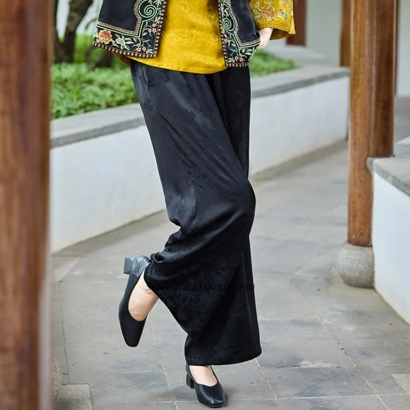 2025 pantaloni popolari vintage cinesi pantaloni jacquard in raso retrò pantaloni larghi etnici tradizionali pantaloni larghi in vita elastica