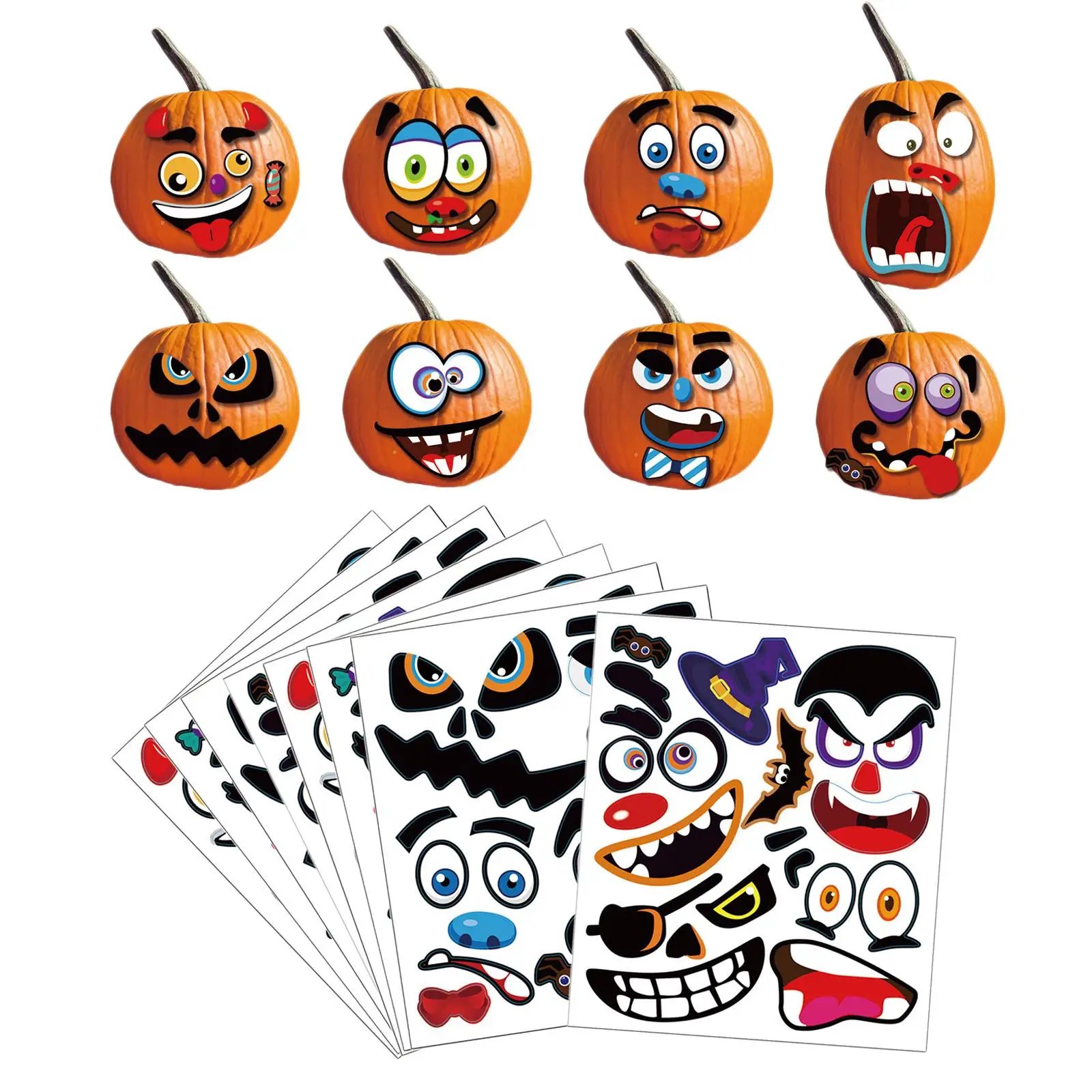 8 Sheets Halloween Pumpkin Stickers Scary Sticker Interesting Stickers Diy Pumpkin Decorating Stickers -26x30cm