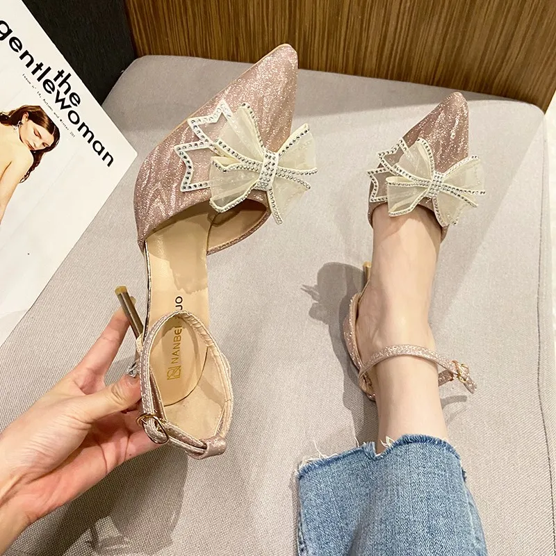 

New Fashion Women's Sandals for Women Thin Heels Ladies Shoes Stiletto Summer Diamond Bow Silver Rhinestones Pointed Toe Sandal