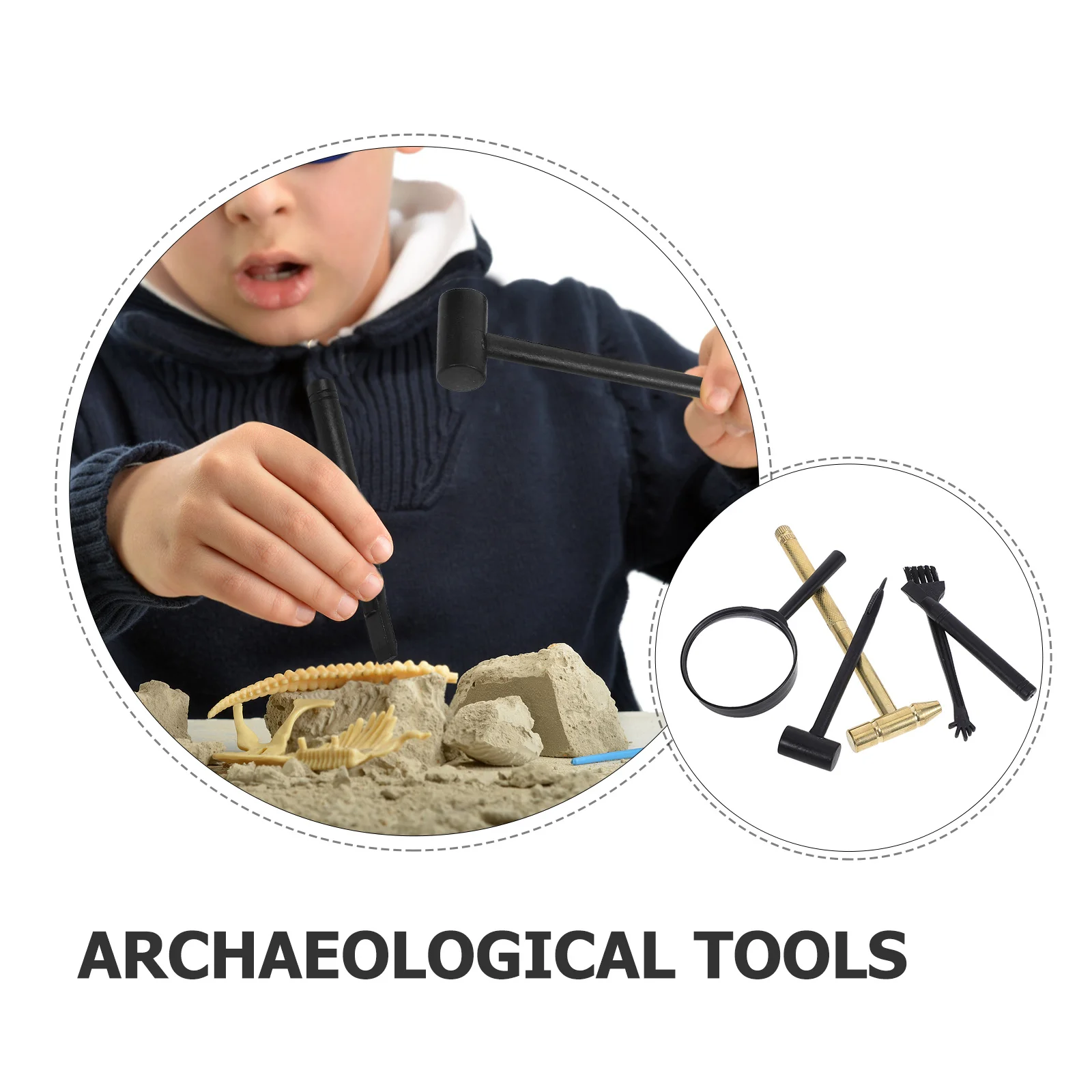 1 Juego de herramientas de excavación de arqueología para niños, martillo, cincel, cepillo, lupa, Kit de excavación de piedras preciosas, ciencia educativa