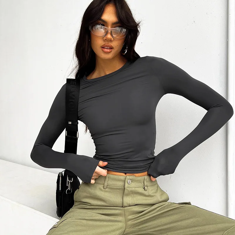 

Women's Slim Fit Going Out Crop Tops Casual Solid Color Crew Neck Long Sleeve Tight Tee Shirt Basic Streetwear