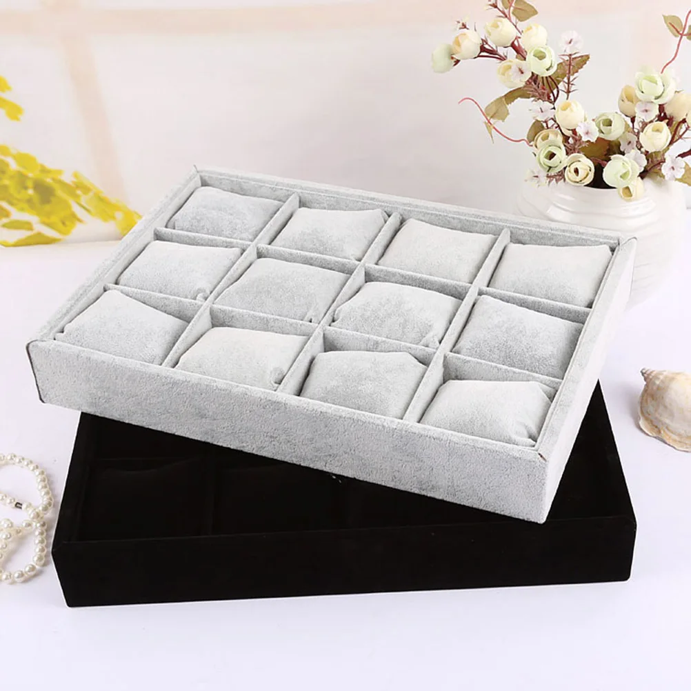 1Pcs Jewelry Display Tray Organizer Box Grey Composite Board Linen 12 Compartments Pillows Storage for Rings Watches Earrings