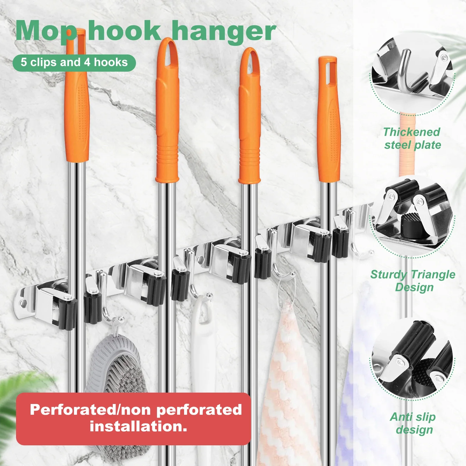 Mop and Broom Organizer Stainless Steel Broom Mop Holder Wall Mounted Strong Broom Mop Holder for Bathroom Kitchen Accessories