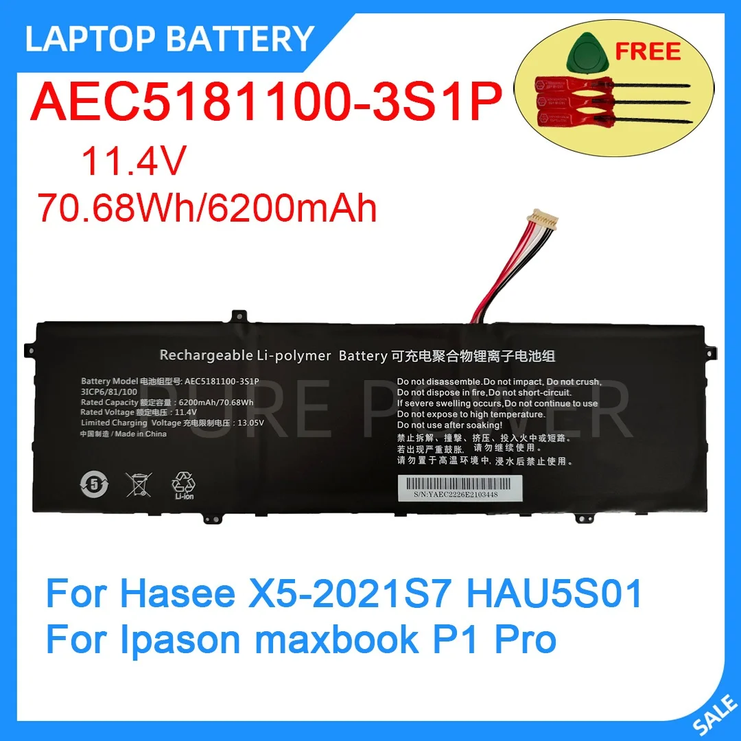 

Новый аккумулятор для ноутбука AEC5181100-3S1P 11.4V 70.68WH 6200mAh высокого качества для Hasee X5-2021S7 HAU5S01, для Ipason maxbook P1 Pro