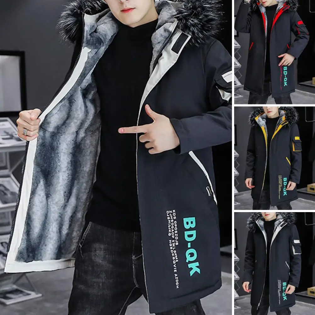 Men Winter Jacket Men\'s Hooded Color Patchwork Jacket with Fleece Lining Warm Stylish Coat for Autumn Winter Men Jacket