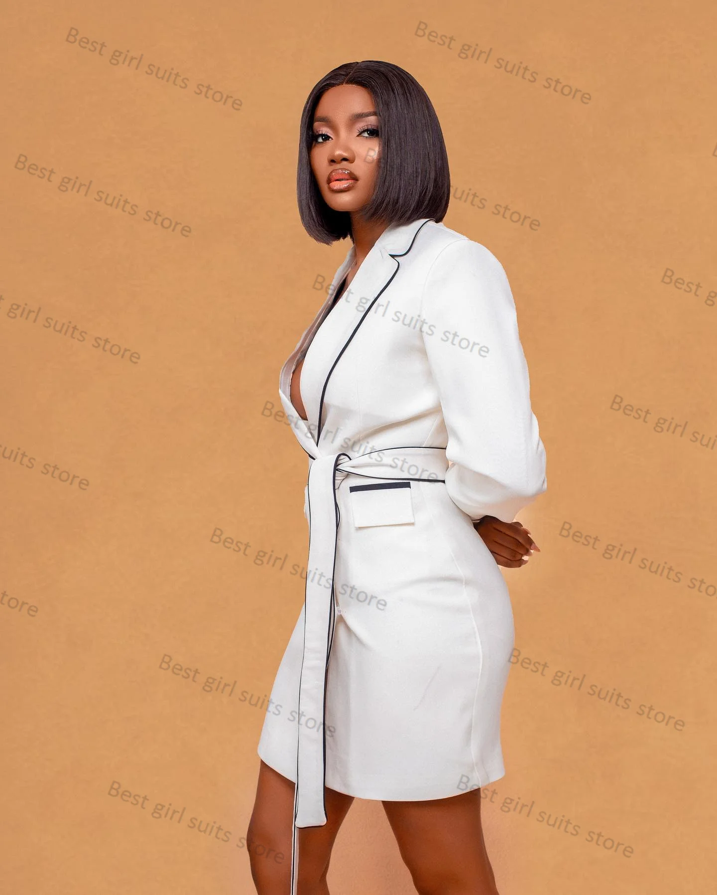 Elegant White Women Suit 1 Piece Long Blazer With Belt Formal Office Lady Jacket Wedding Tuxedos Guest Coat Tailored Short Robes