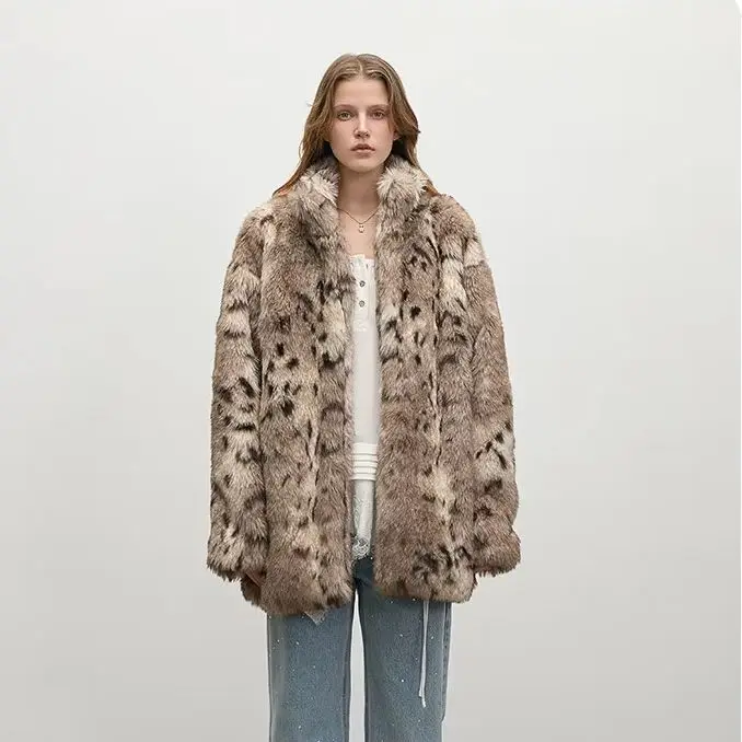 IG Women Lynx Spotted Faux Fur High Stand Collar Mid-Length Oversized Coat, Long Sleeve Winter Street Commuter Outerwear