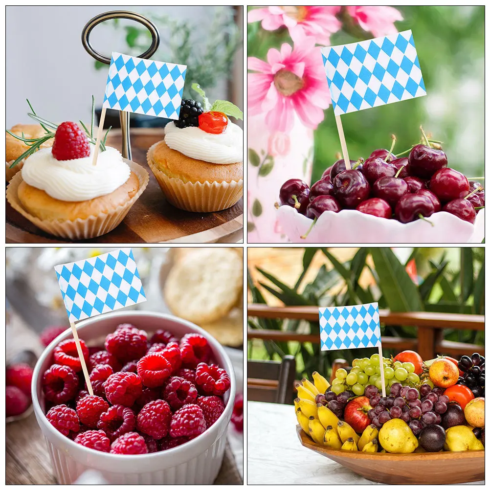100pcs Blue White Plaid Toothpick Flag Decorative Picks for Appetizers Dessert Fruit Cake Toppers Party Supplies Wooden Skewers