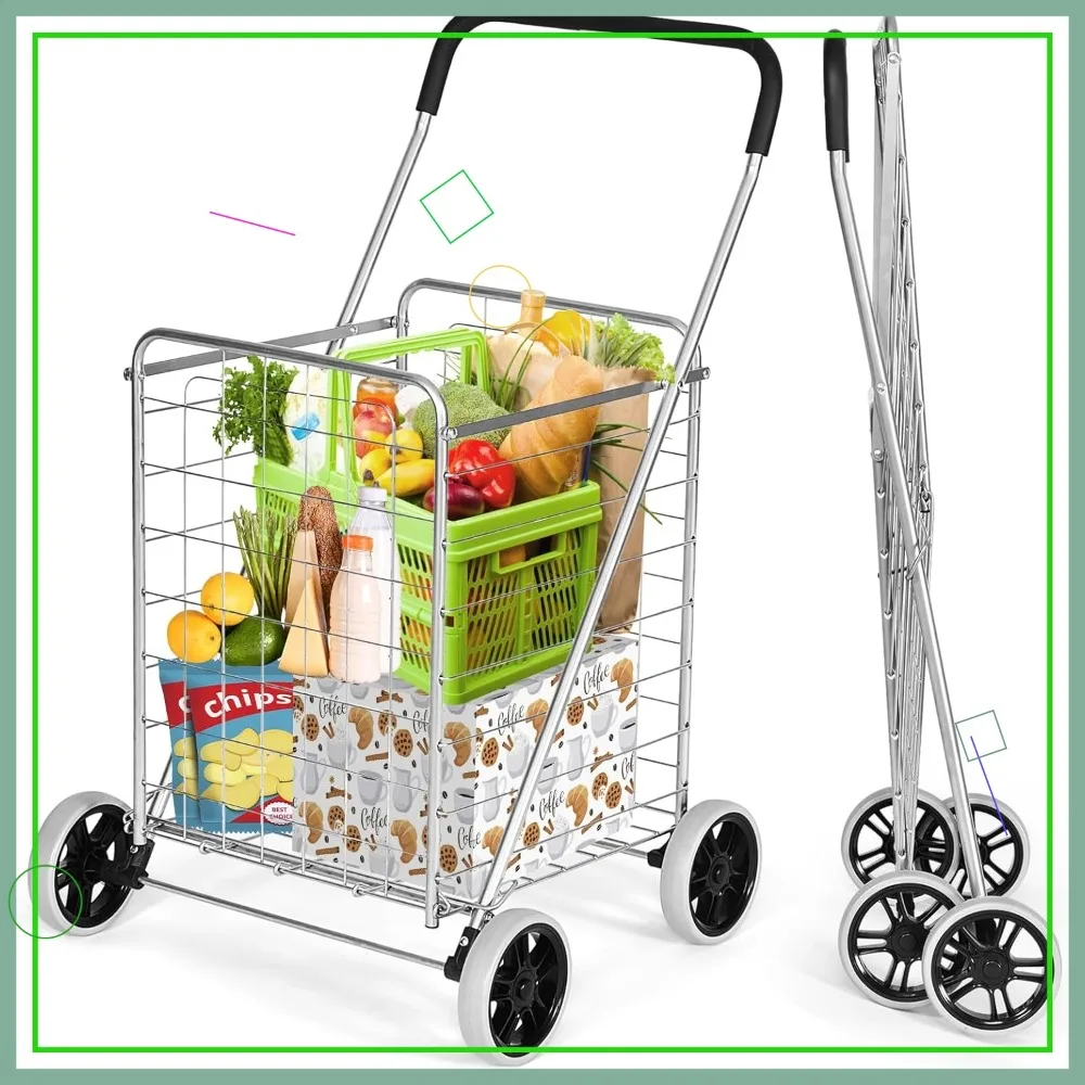 

Складная усиленная тележка с большими колесами, легкая тележка для продуктов, белья и багажа, серебристая