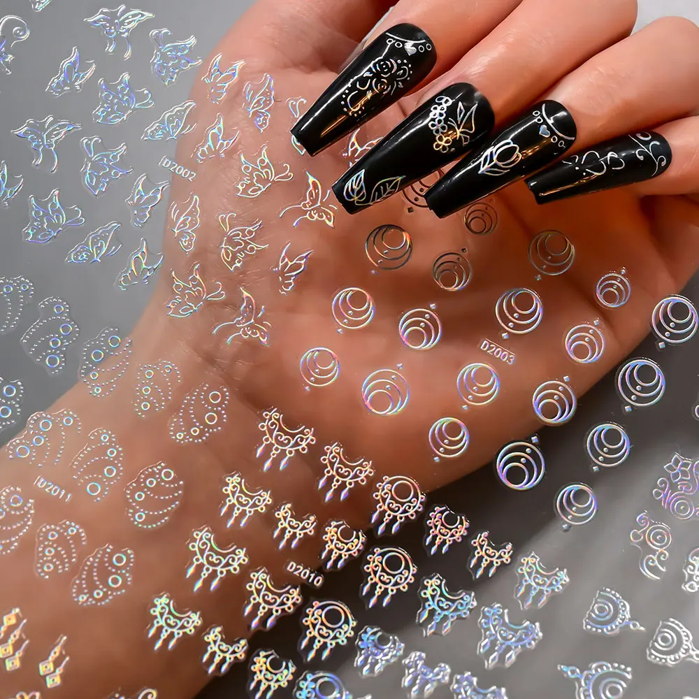 30Pcs Bronzing French Line Heart Nail Art Sticker 3D Star/flower/Leaf Adhesive Decals Butterfly Bow Laser DIY Manicure Sliders