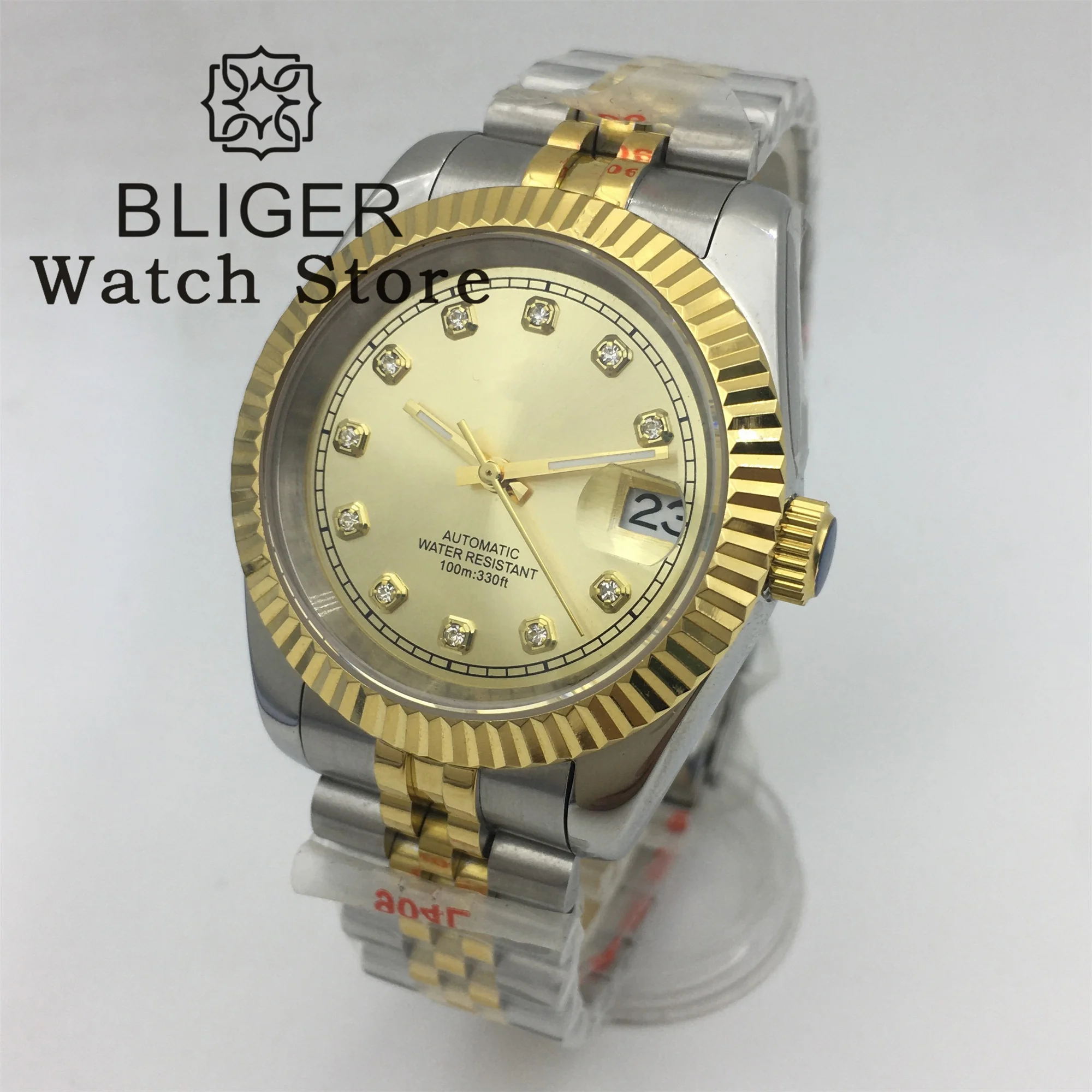 

BLIGER 36mm 39mm NH35 Automatic Watch For Men Gold Diamond Dial Auto Date Sapphire Glass Two-Tone 904L Bracelet Waterproof Watch