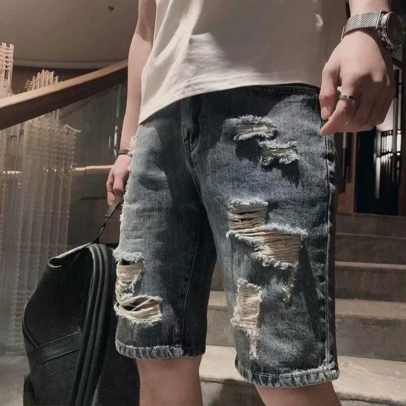 Celana Pendek Denim Pria Lurus Longgar Longgar Setengah Robek Celana Jeans Pendek Pria Panjang Lebar Bermuda dengan Saku Y2k Fashion Populer Xl
