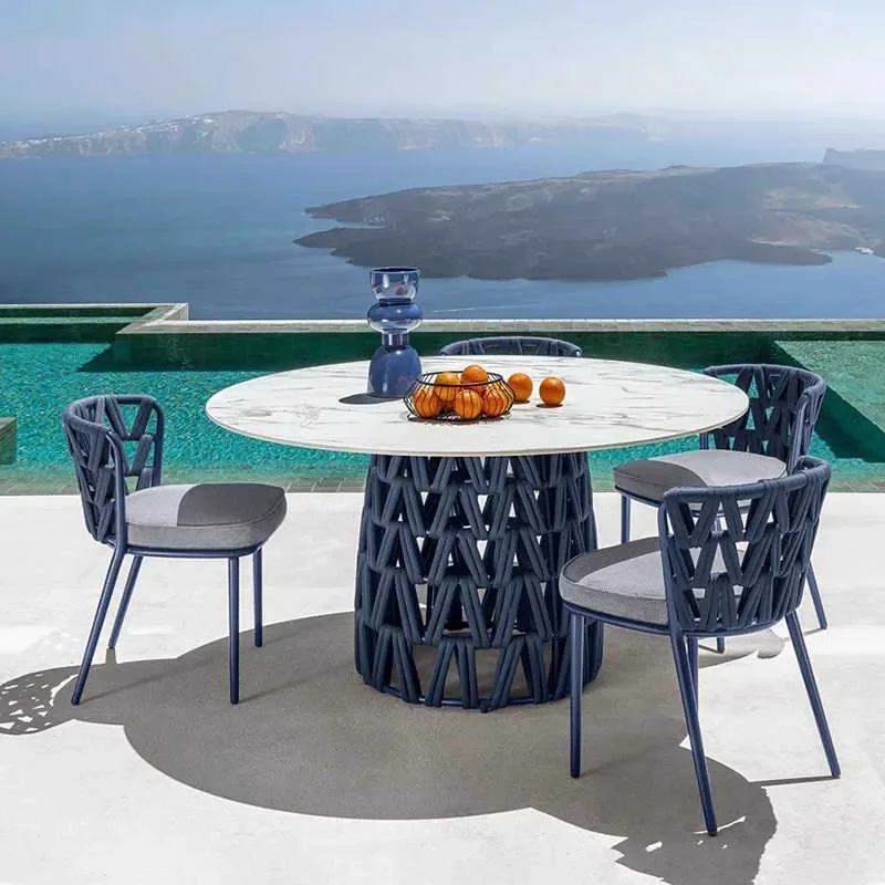 3 Piece Slate Top Dining Set with Rattan Chairs Modern Balcony Tea Table Combo for Outdoor Courtyard Leisure