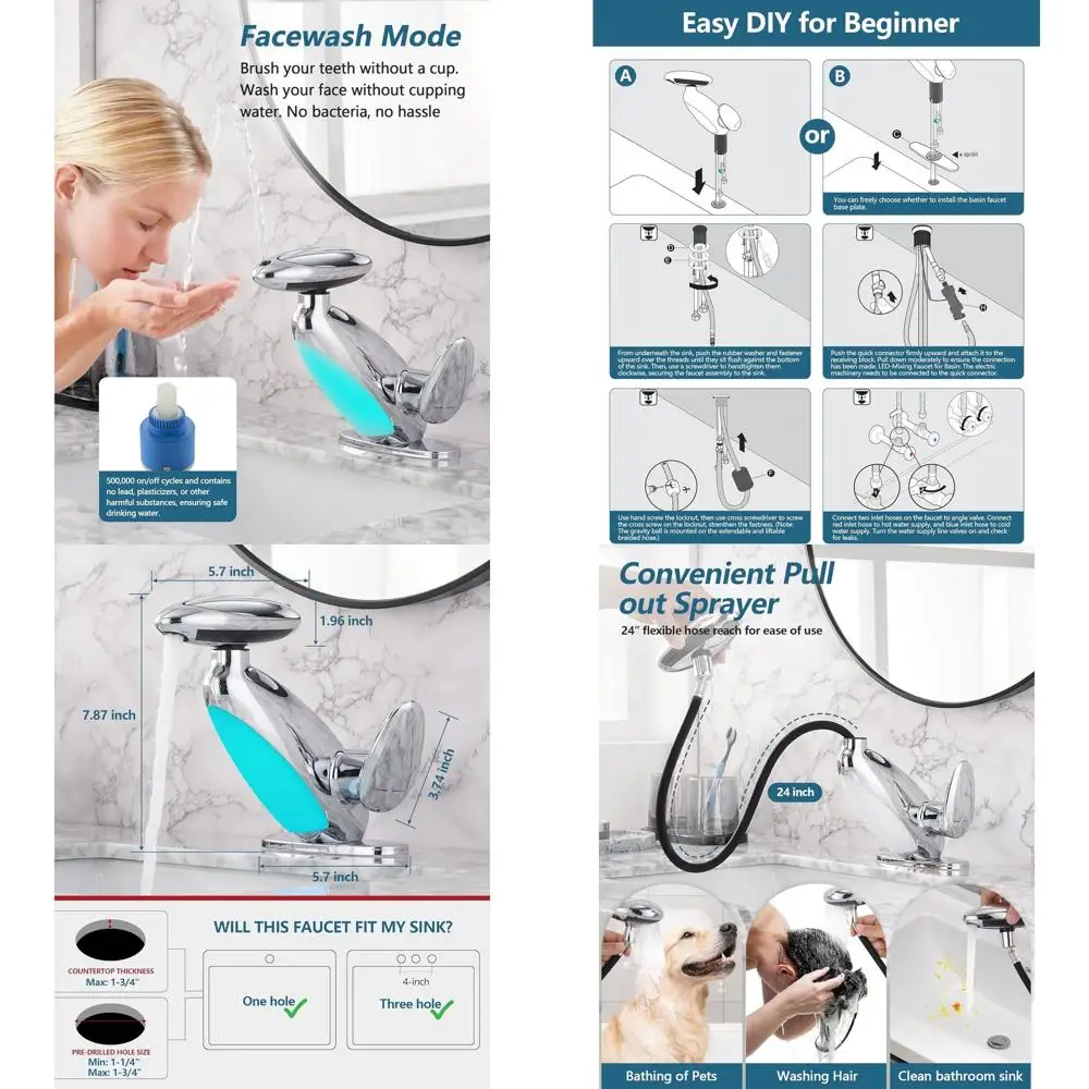 

Single Handle LED Waterfall Faucet, 360° Rotating, 3 Color Light, Stainless Steel Sink Fixture, 1 Hole, Chrome Finish