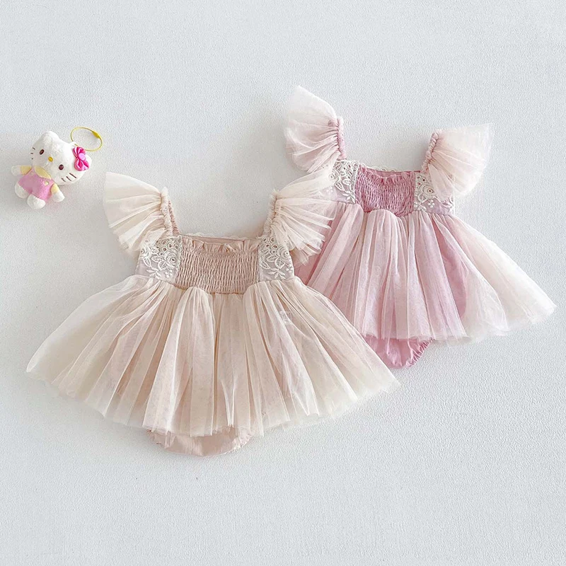 

2026 New Summer 0-24M Children Clothes Newborn Baby Girl Romper Flying sleeve cotton mesh splicing Toddler Baby Girls Jumpsuit