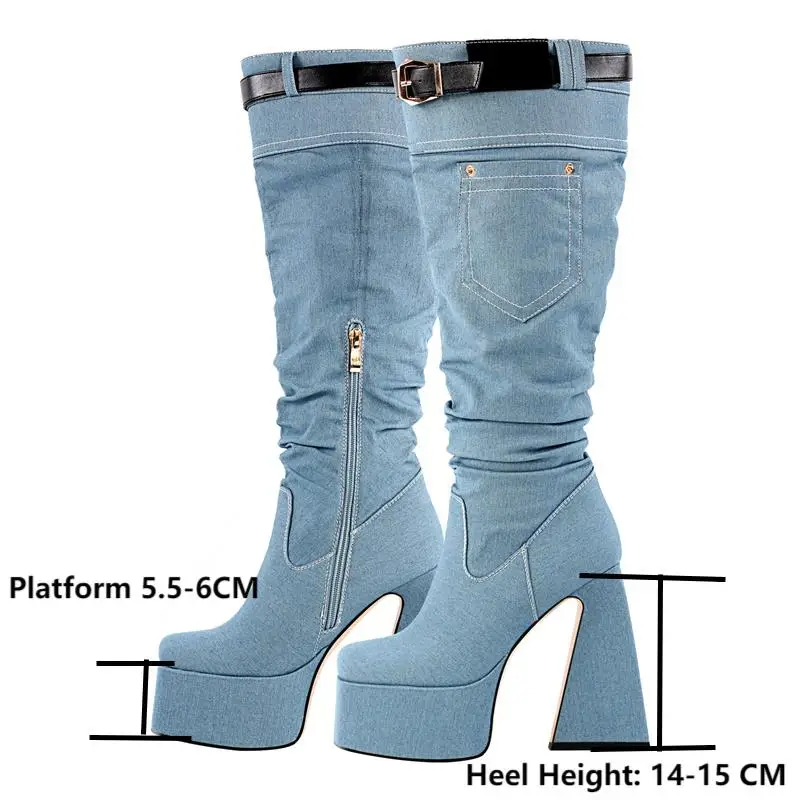 Onlymaker Square Toe Denim Chunky Heel Platform Boots Thick High Heels Fashion Zip Fashion Big Size Punk Booties