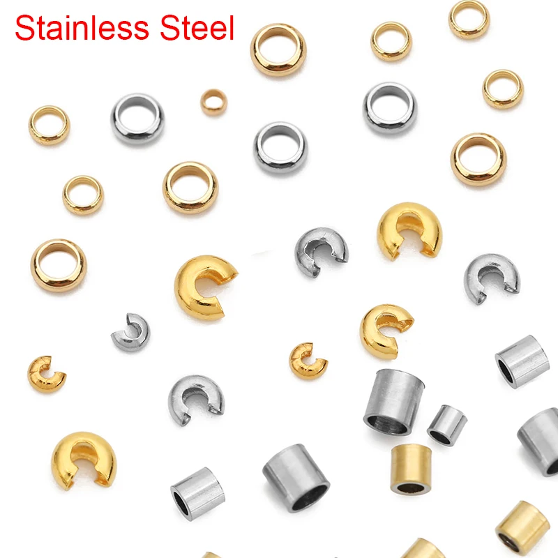 100pcs Stainless Steel End Crimp Beads Covers 2 3 4 5 mm Golden Color Tube Stopper Spacer Beads For Diy Bracelet Jewelry Making