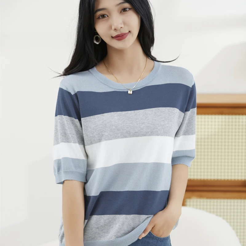 100 Percent Cotton Short Sleeve Tshirt Four Colors Summer New Striped Contrast Round Neck Loose Thin Womens Knitted Blouse Top