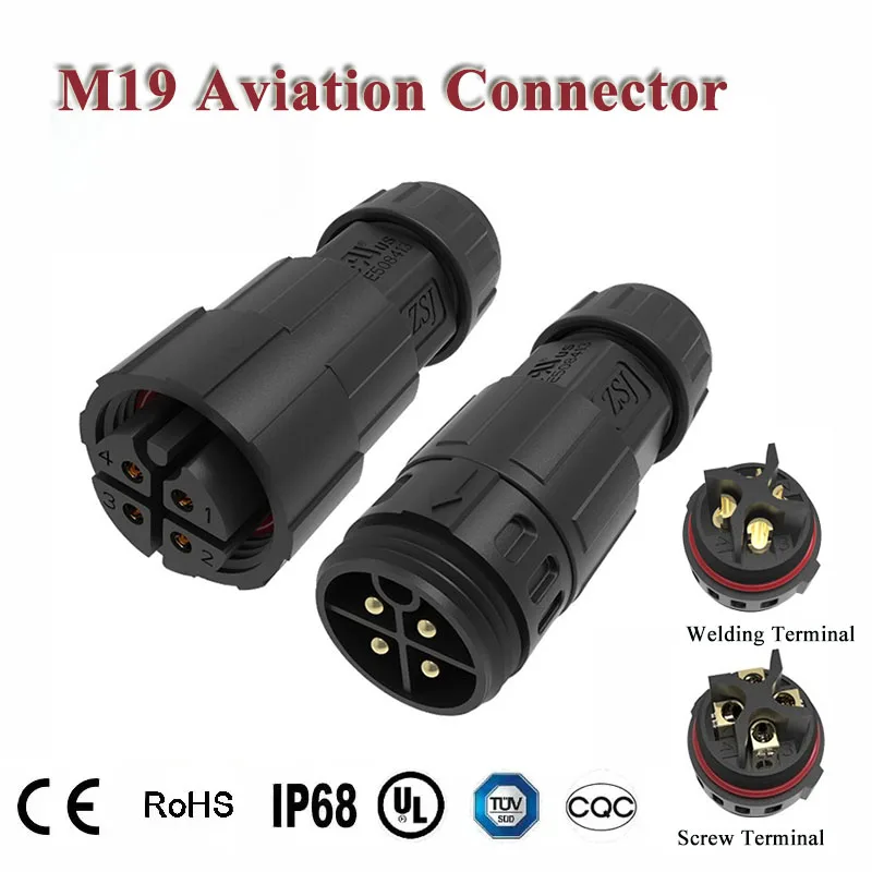 M19 Waterproof Connector Outdoor 2 3 4 5 6 7 8 Pin Assembly Male Female Aviation Plug IP68 Soldering/Screw Locking Wire Joint