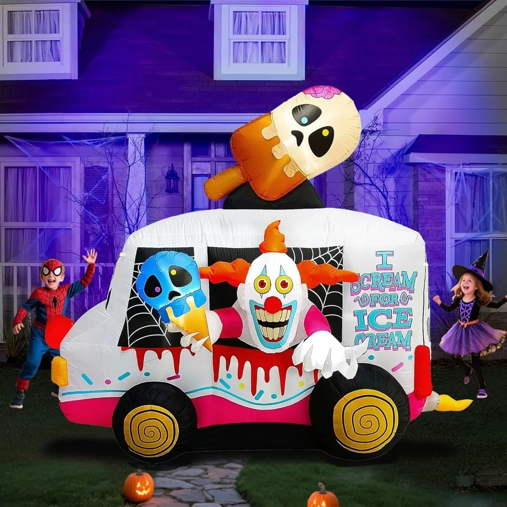 شاحنة آيس كريم قابلة للنفخ للهالوين بتصميم مهرج و8 مصابيح LED للديكور الداخلي #1