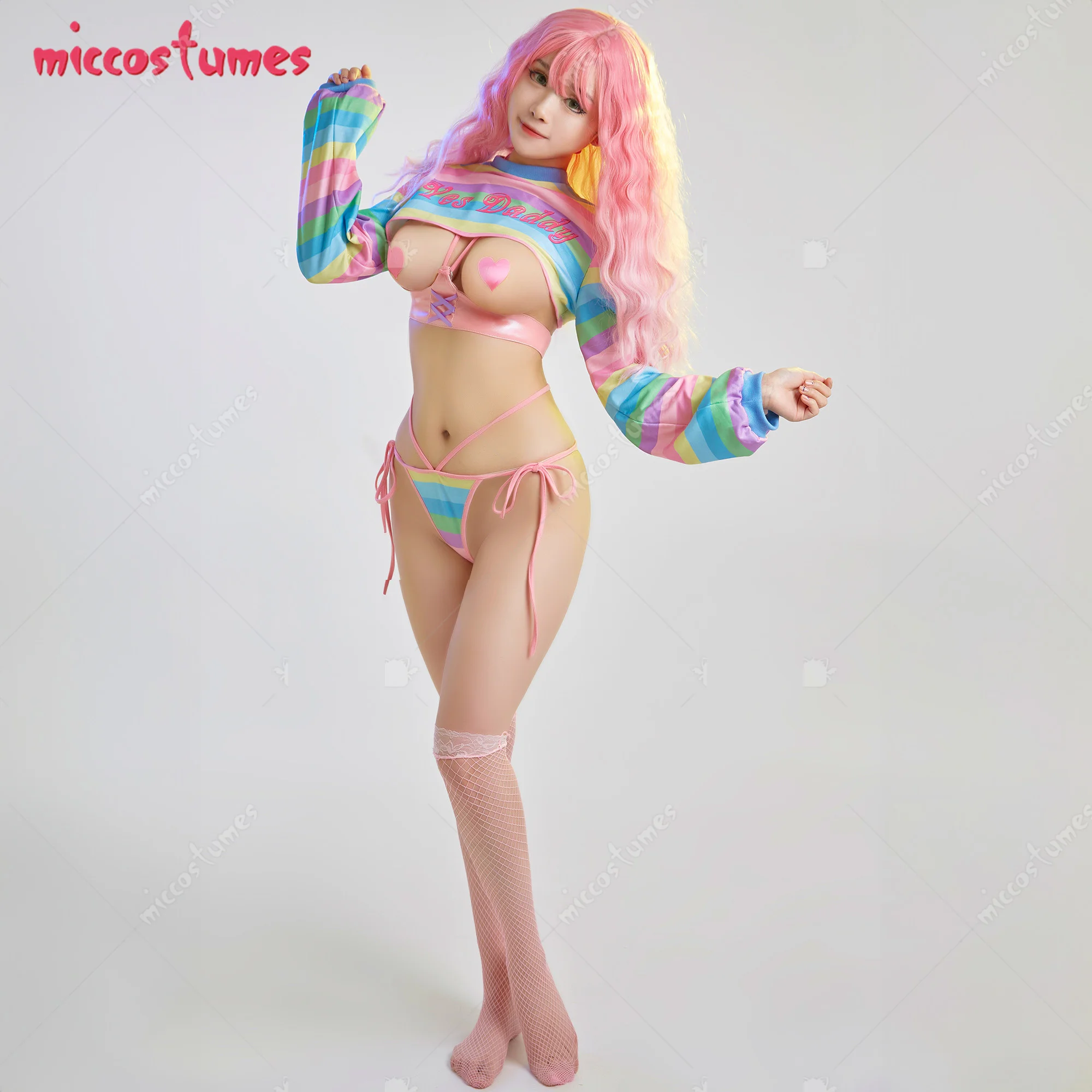 Lingerie sexy com listras arco-íris para mulheres, pijamas de manga comprida, tops curtos e meias, fantasias de cosplay