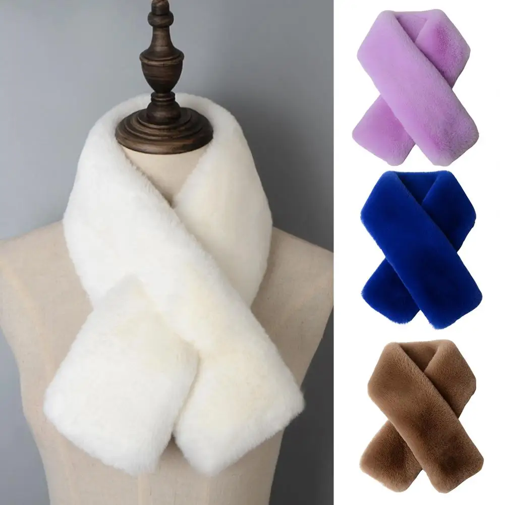 Double-sided Plush Cross Scarf Faux Rabbit Fur Thickened Wrap Scarf Autumn Winter Women Neck Warmer Collar Scarf Thermal Scarf