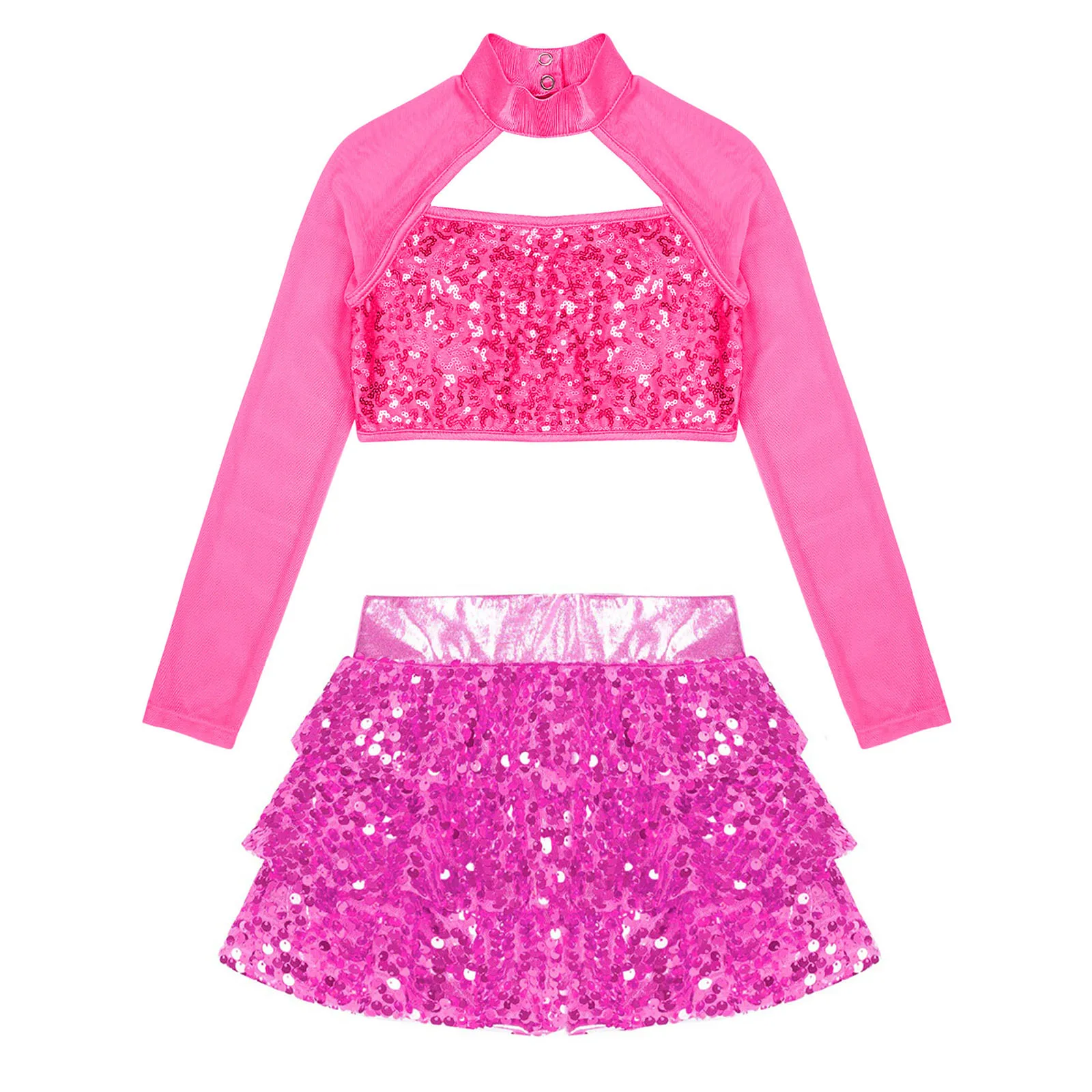 Kids Girls Glitter Sequins Ballet Dance Sets Crop Top with Mini Skirt Latin Jazz Salsa Samba Dancing Stage Performance Costume