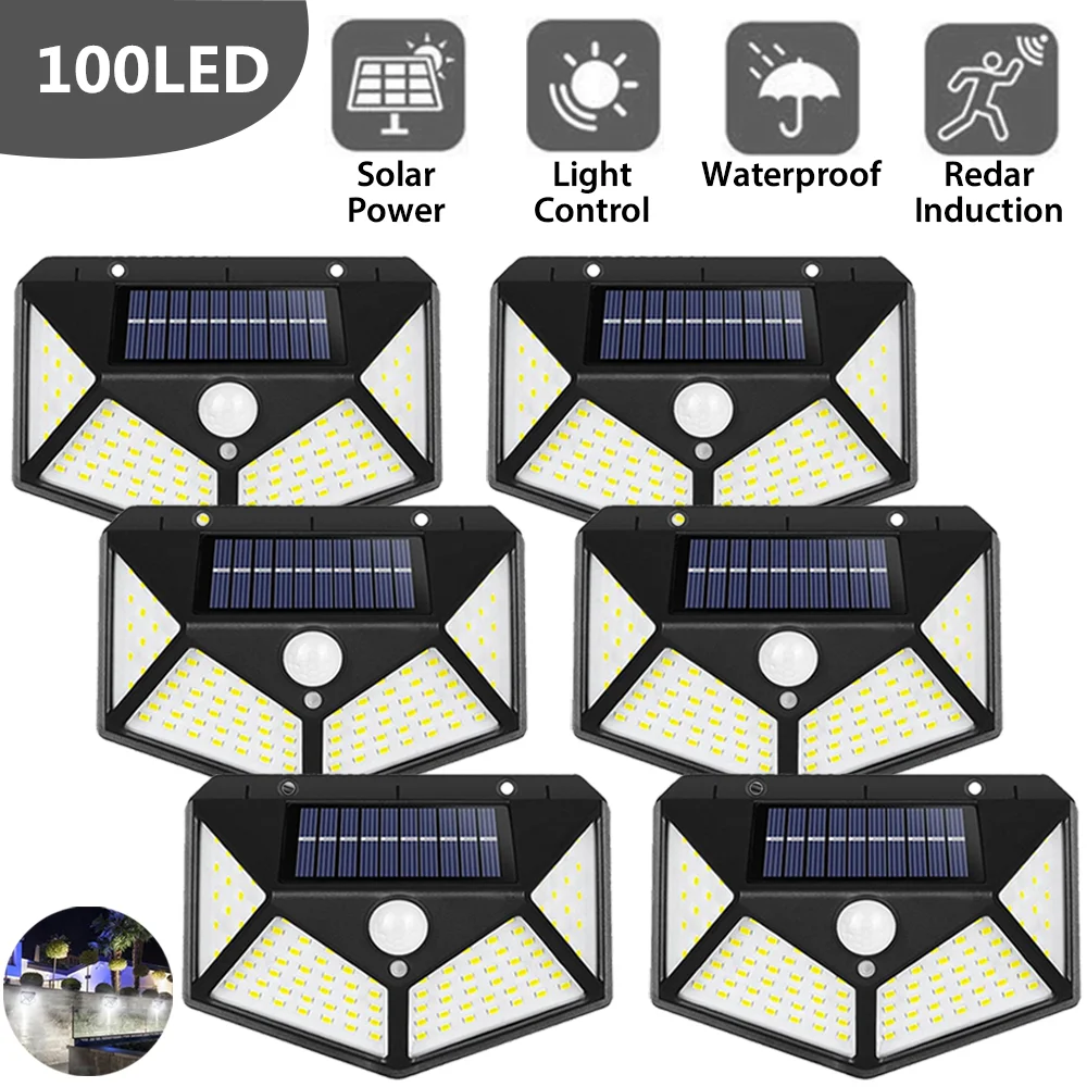 Solar Wall Lamp Outdoor Solar 100 LED Light 4 Sided Luminous Motion Sensor Waterproof Sunlight Garden Courtyard Decor Lighting